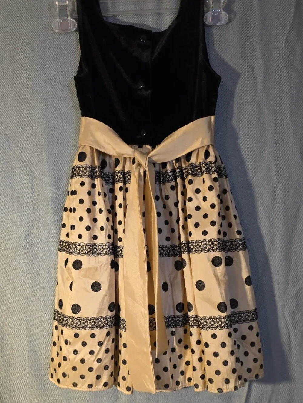 The Children's Place Black Velvet & Cream Polka Dot Dress with Sash